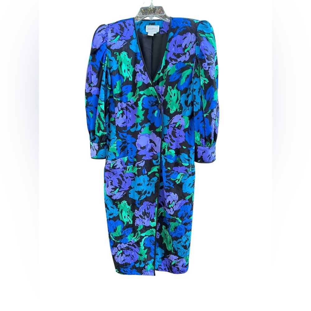 Vtg Silk Studio 100% Silk Blue Green Floral Draped Vneck Wrap Front 80s Dress 12